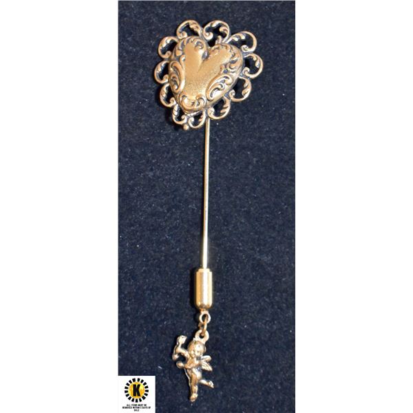 VINTAGE GOLD TONE CUPID AND HEART PIN