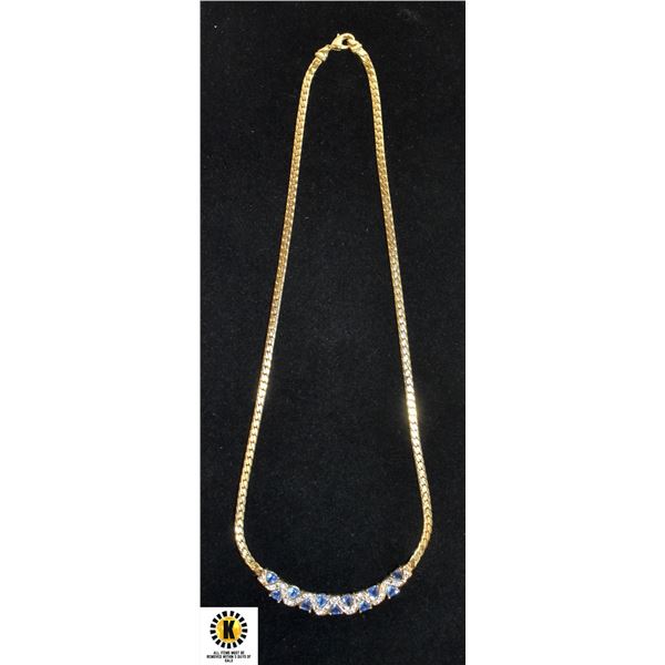 GOLD TONE NECKLACE W BLUE AND CLEAR STONES