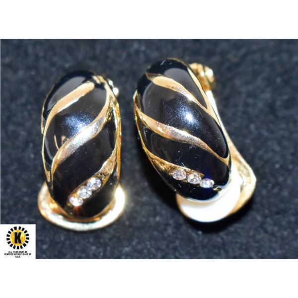 PAIR GOLD TONE W BLACK ENAMEL CLIP EARRINGS