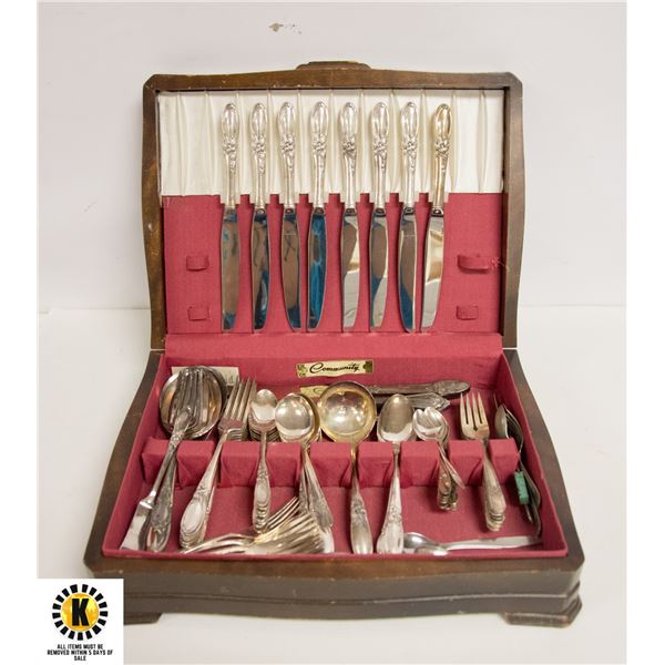 WOODEN CUTLERY CASE W/ ASSORTED SILVER PLATED