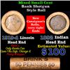 Image 1 : Mixed small cents 1c orig shotgun roll, 1919-d Wheat Cent, 1892 Indian Cent other end, Brinks Wrappe