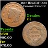 Image 1 : 1837 Head of 1838 Coronet Head Large Cent 1c Grades f+