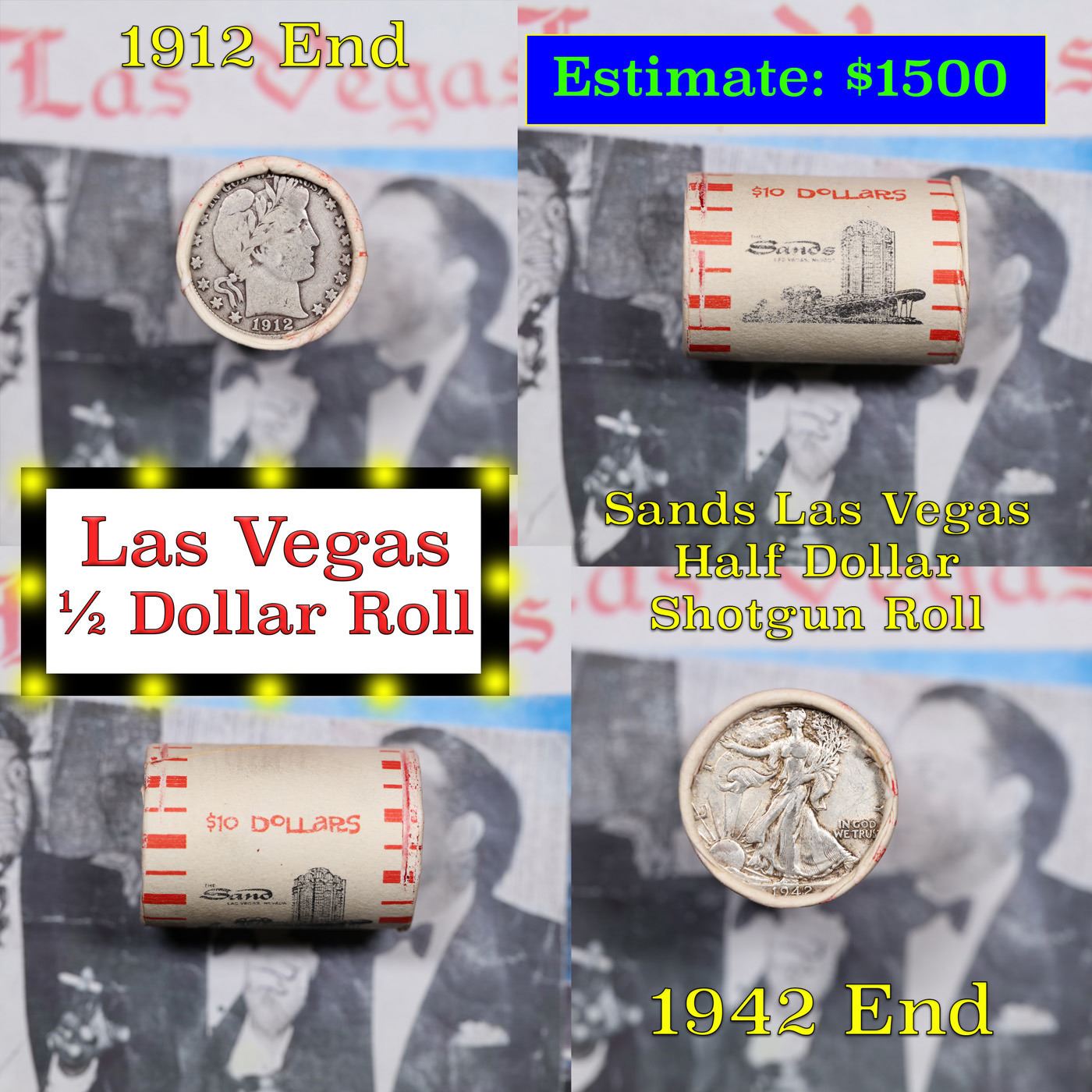 ***Auction Highlight*** Old Casino 50c Roll 10 Halves Las Vegas Casino Sands 1912 Barber & 1942 Wal