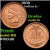 Image 1 : 1908 Indian Cent 1c Grades GEM+ Unc RB