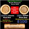 Image 1 : Mixed small cents 1c orig shotgun roll, 1918-d Wheat Cent, 1891 Indian Cent other end, brinks Wrappe