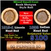 Image 1 : Mixed small cents 1c orig shotgun roll, 1915-d Wheat Cent, 1892 Indian Cent other end, brinks Wrappe