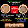 Image 1 : Mixed small cents 1c orig shotgun roll, 1919-d Wheat Cent, 1891 Indian Cent other end, brinks Wrappe