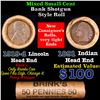 Image 1 : Mixed small cents 1c orig shotgun roll, 1918-d Wheat Cent, 1891 Indian Cent other end, brinks Wrappe