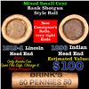 Image 1 : Mixed small cents 1c orig shotgun roll, 1919-d Wheat Cent, 1896 Indian Cent other end, brinks Wrappe