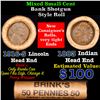Image 1 : Mixed small cents 1c orig shotgun roll, 1916-s Wheat Cent, 1883 Indian Cent other end, brinks Wrappe