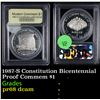 Image 1 : Proof 1987-S Constitution Bicentennial Modern Commem Dollar $1 Graded GEM++ Proof Deep Cameo By USCG