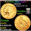 Image 1 : ***Auction Highlight*** 1914-d Gold Indian Quarter Eagle $2 1/2 Graded Select+ Unc By USCG (fc)