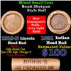 Image 1 : Mixed small cents 1c orig shotgun roll, 1919-d Wheat Cent, 1891 Indian Cent other end, brinks Wrappe