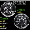 Image 1 : Proof 1956 Type 2 Franklin Half Dollar 50c Grades GEM++ Proof