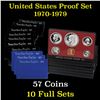 Group of 10 United States Mint Proof Sets 1970-1979 57 coins.