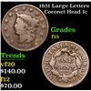 Image 1 : 1831 Large Letters Coronet Head Large Cent 1c Grades f+