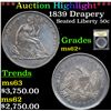 Image 1 : ***Auction Highlight*** 1839 Drapery Seated Half Dollar 50c Graded Select Unc By USCG (fc)