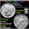 Image 1 : ***Auction Highlight*** 1921-p Peace Dollar $1 Graded GEM+ Unc By USCG (fc)