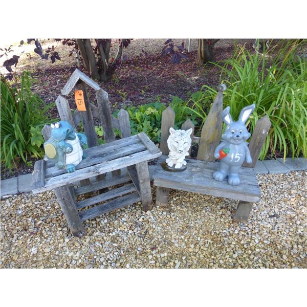 2- Farm Wood Benches and Rabbit, Dog & Turtle Garden Décor