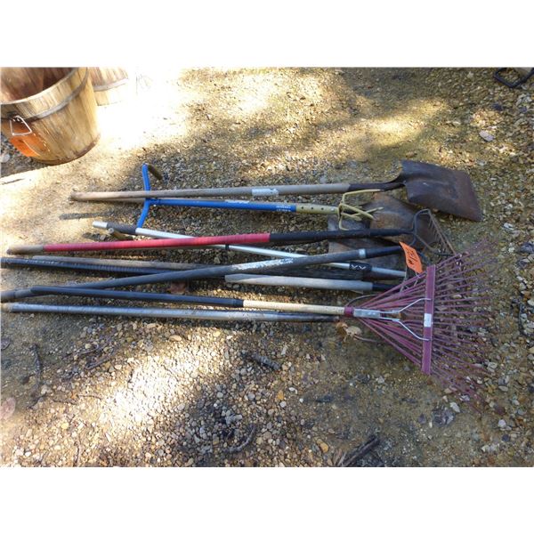 Rakes, shovel, forks and garden weasel