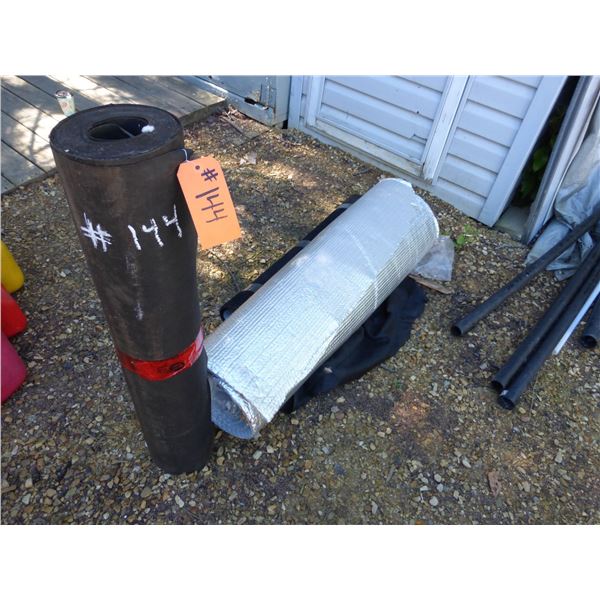 Roofing tar paper, roll of insulation wrap, landscape fabric and carpet runner
