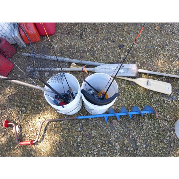 6" ice auger, oars, fishing rods and hole cleaners