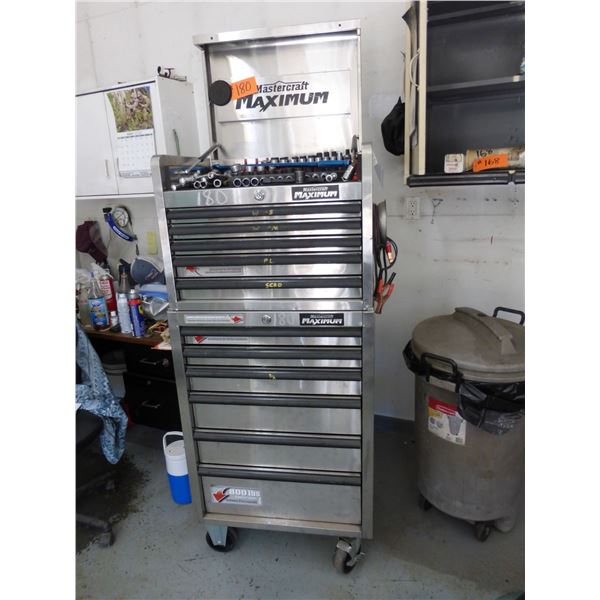 Mastercraft Tool box, stainless steel rolling tool chest c/w impact sockets, ratchets, gear/stubby w