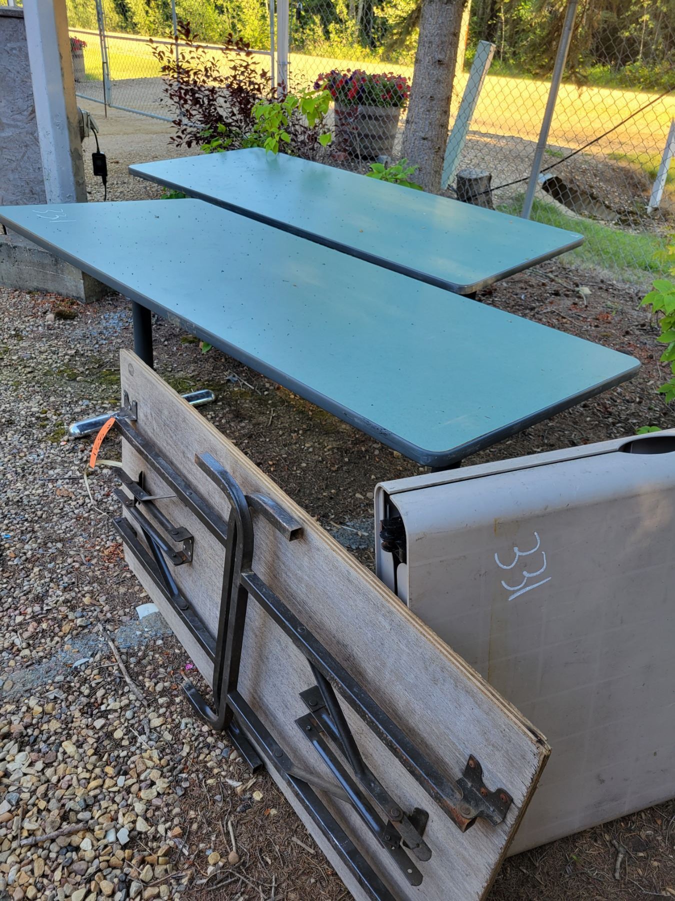 2 Arborite top tables, 2 poly folding tables and wooden folding table