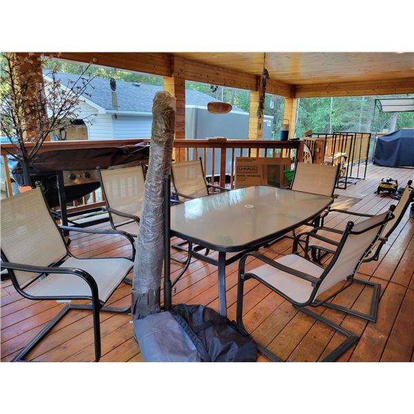 Glass Patio set c/w 6 chairs, umbrella (unopened) stand and cover