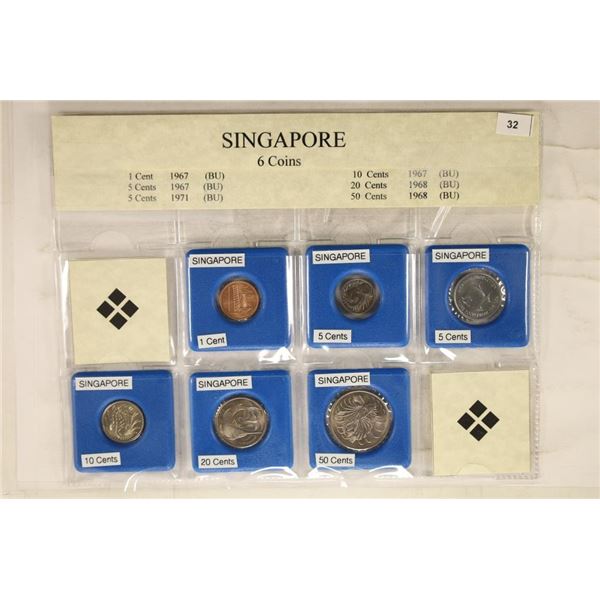 SINGAPORE 6 UNC COINS.  1967- 1, 5 & 10 CENTS,