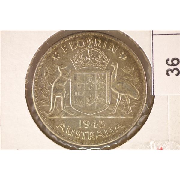 1943 AUSTRALIA SILVER 1 FLORIN COIN .3364 OZ. ASW