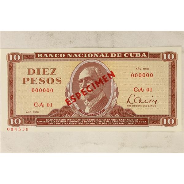1978 CUBA 10 PESO CRISP UNC SPECIMEN BILL