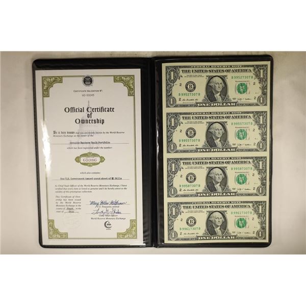 2009 UNCUT SHEET OF 4-US $1 FRNS CRISP UNC IN NICE