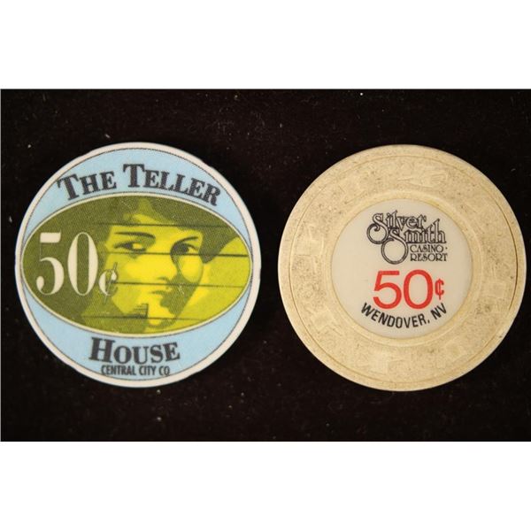 2-50 CENT POKER CHIPS.  "THE TELLER HOUSE" CENTRAL