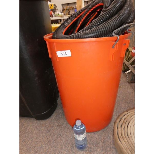 bucket, plastic tubing, extension cords