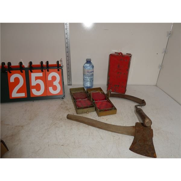 hatchet, scythe, reflectors, metal box