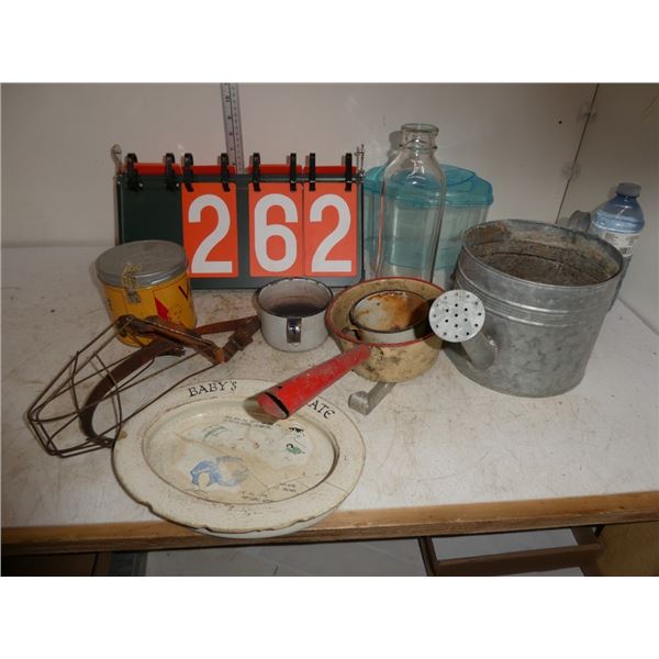 milk jug, metal pot & cups, galvanized waterer