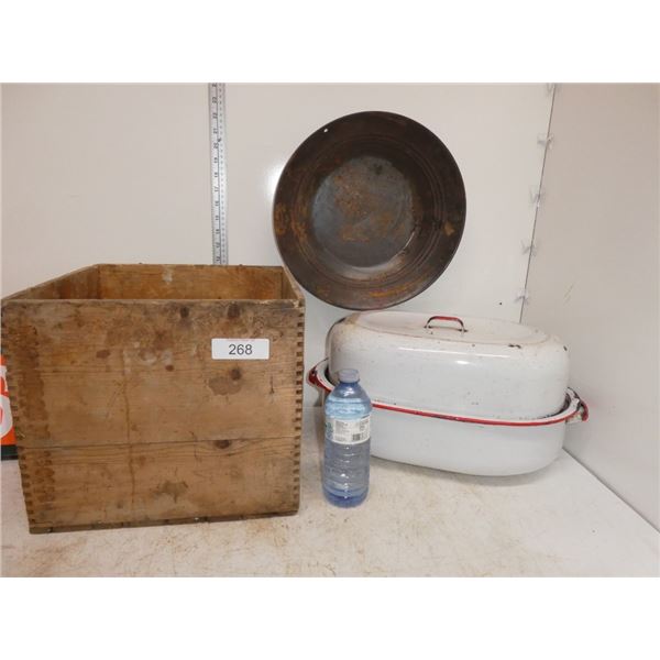 wooden box, enamel roaster, glod miner pan