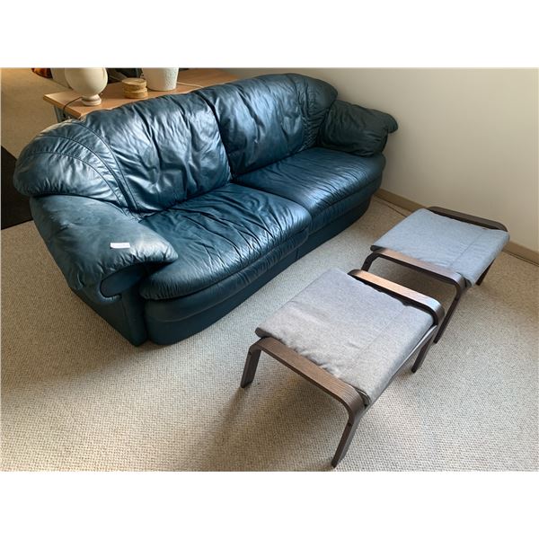 Navy Blue Leather Couch and 2 x IKEA  Poang Cushioned Upholstered Footstools