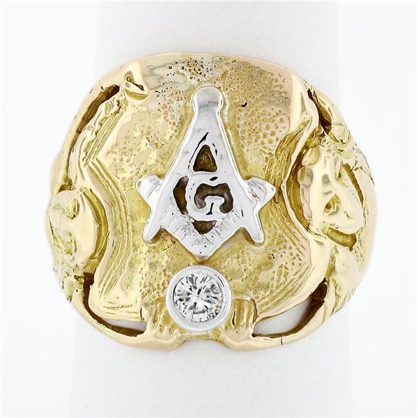 Mens Antique Art Nouveau 14k Two Tone Gold Masonic Round Diamond Dual Nymph Ring