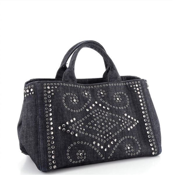 Prada Canapa Convertible Tote Rhinestone Embellished Denim Large