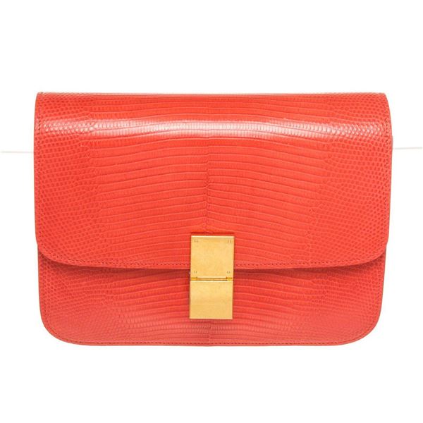 Celine Orange Lizard Skin Leather Medium Box Shoulder Bag