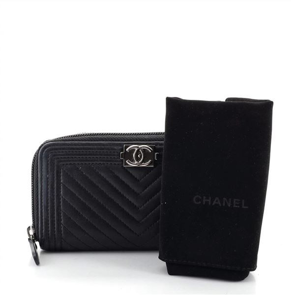 Chanel Boy Zip Around Wallet Chevron Calfskin Small