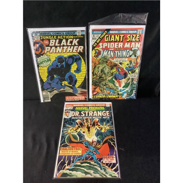 3 MARVEL COMIC BOOKS: GIANT-SIZE SPIDER-MAN AND THE MAN-THING #5, JUNGLE ACTION THE BLACK