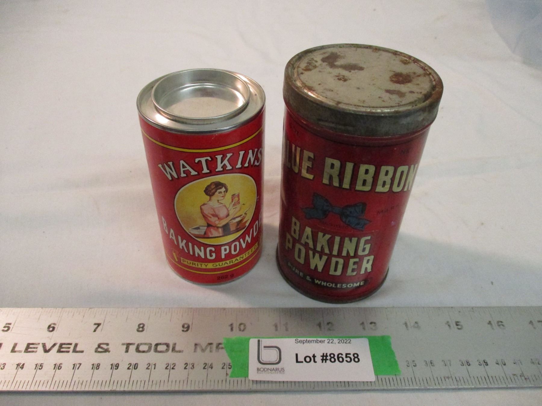 Watkins baking powder + blue ribbon tins