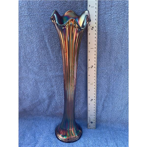 Fenton Amethyst “Fine Rib” Carnival Glass Vase 15 1/2” Tall - Rare Size!