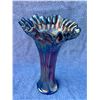 Image 1 : Fenton Cobalt Blue “Butterfly & Berry” Crimped Top 7 1/2” Tall Carnival Glass Vase - Rare Shaped Top