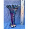 Image 2 : Fenton Cobalt Blue “Butterfly & Berry” Crimped Top 7 1/2” Tall Carnival Glass Vase - Rare Shaped Top