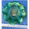 Image 2 : Northwood Green “Greek Key” Carnival Glass bowl 9” - Rare Color & Pattern