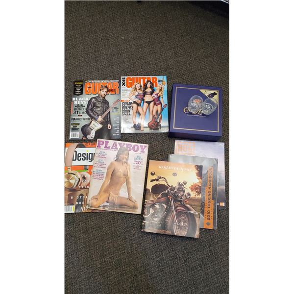 (8) Crown Royal Shot glasses, Harley Books, Bo Derek playboy, Guitar magazines